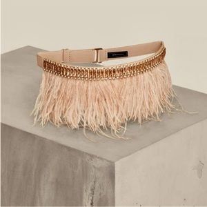 BCBG Ostrich Feather Plume Belt Pink Soft Beige w/Clear & Tan Gem Stone Crystals